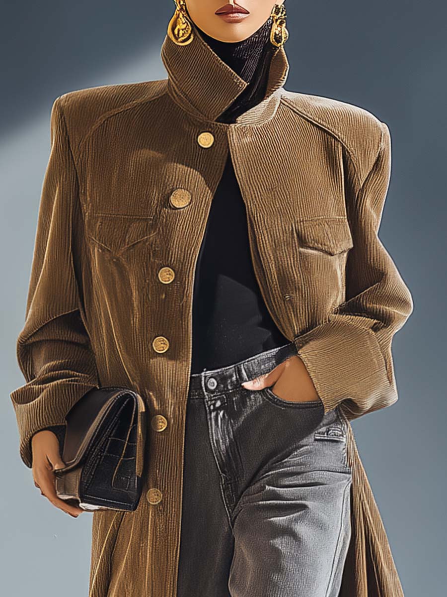Urban Retro Temperament High Collar Front Metal Button Brown Corduroy Coat