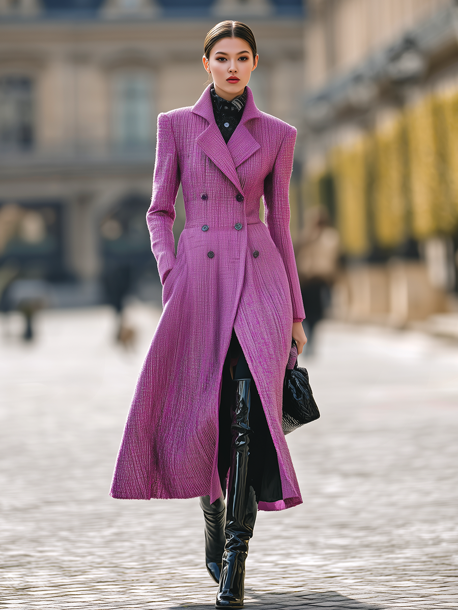 Elegant Vintage Double-breasted Tweed Long Coat