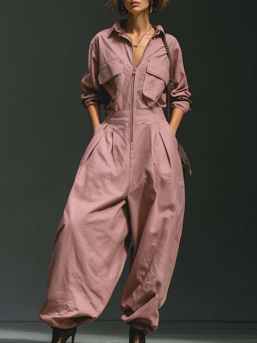 Urban Casual Front Zipper V-neck Pink Loose Cotton Jumpsuit