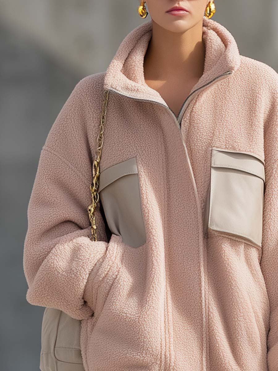 Simple Urban Versatile Lapel Front Zipper Leather Pocket Light Pink Polar Fleece Short Coat
