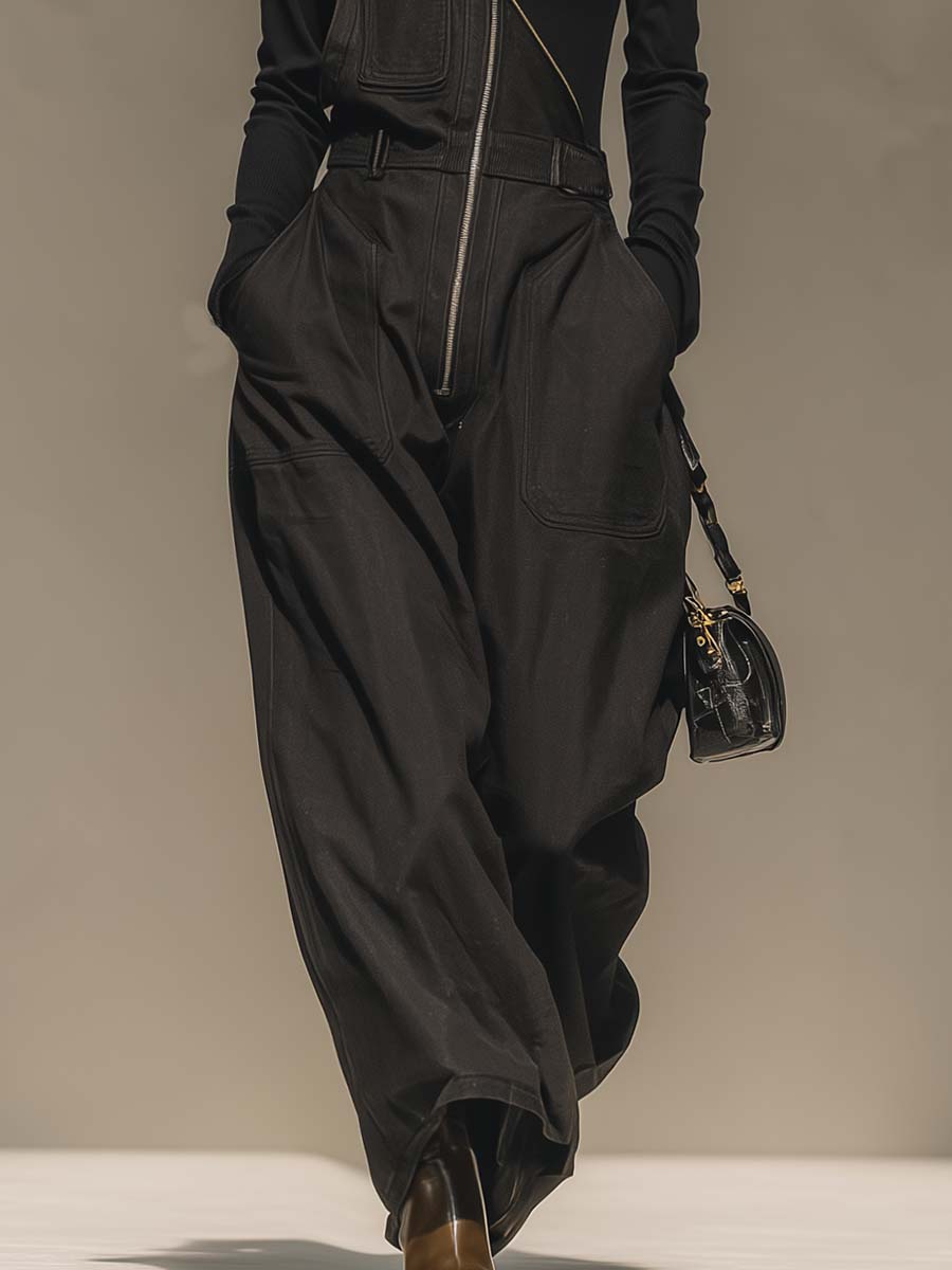 Fashionable And Handsome Front Zipper One-shoulder Denim Jumpsuit Overalls