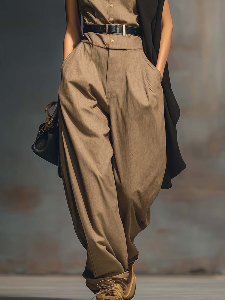 Temperament Versatile Urban Brown Square Collar Front Buckle Belt Jumpsuit