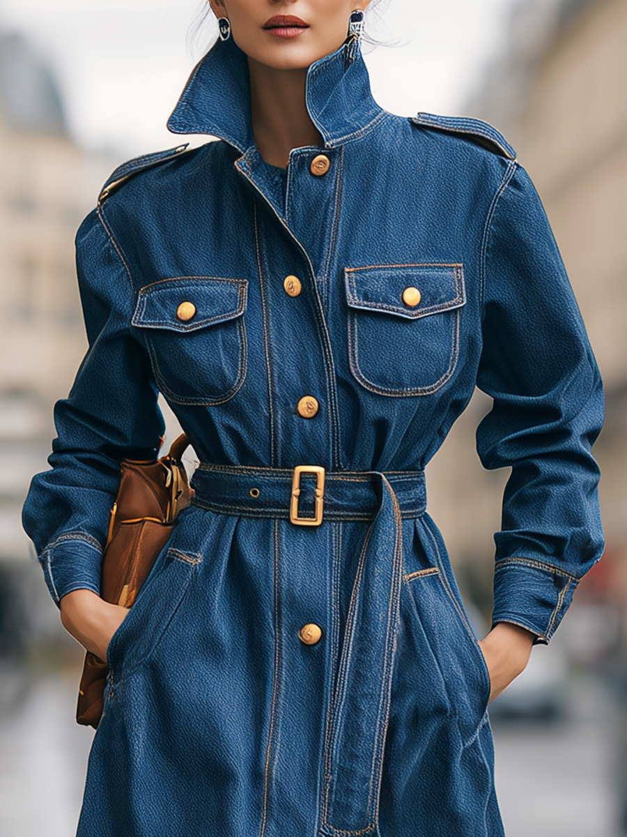 Vintage Lapel Metal Button Multi-pocket Long Denim Coat