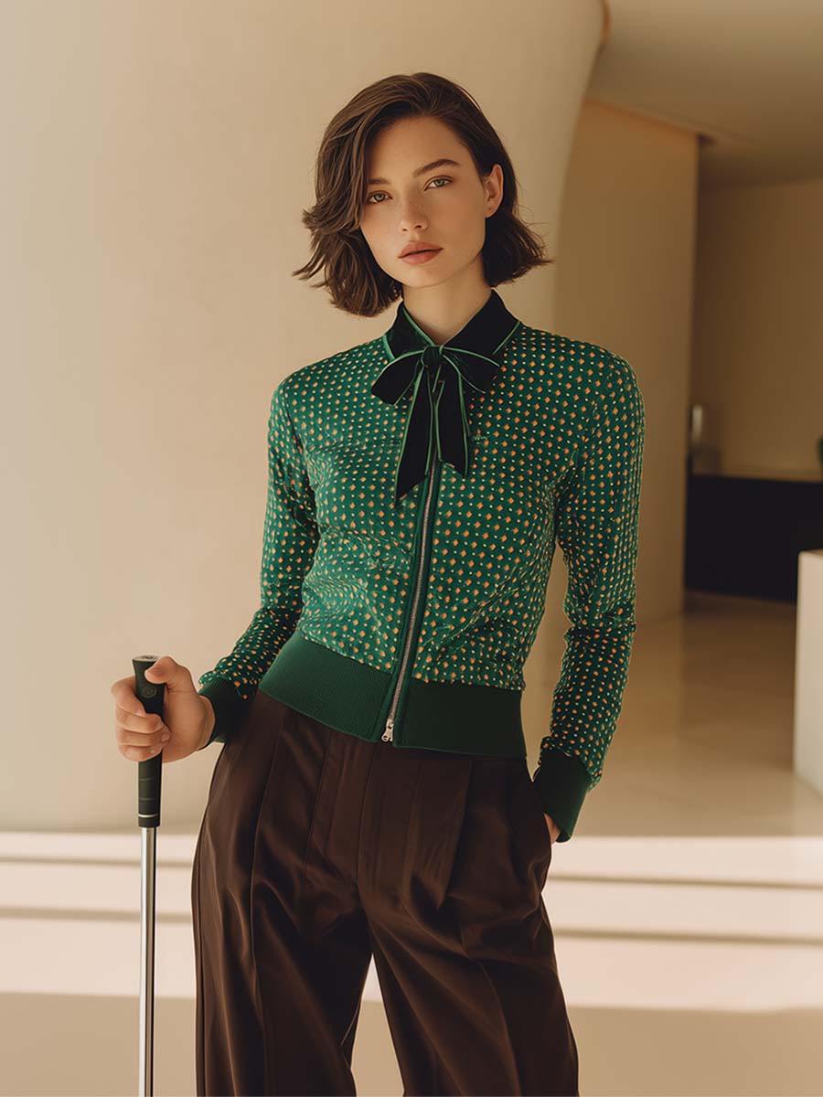 Retro Fashion Sports Lapel Bow Tie Front Zipper Green Matte Velvet Polka Dot Jacket