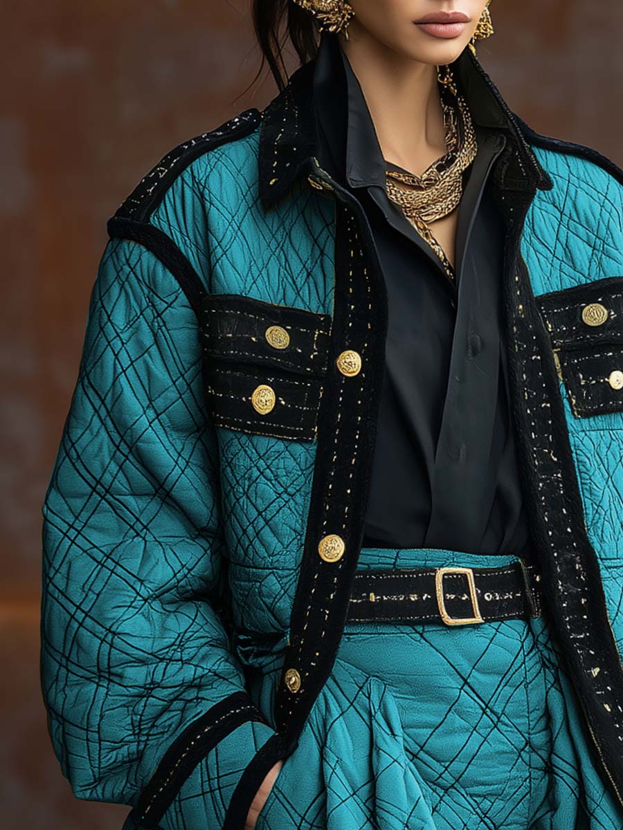 Retro Exquisite Fashion Lapel Black Trim Metal Buttons Sky Blue Quilted Cotton Jacket Coat