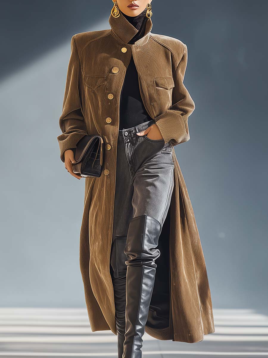 Urban Retro Temperament High Collar Front Metal Button Brown Corduroy Coat