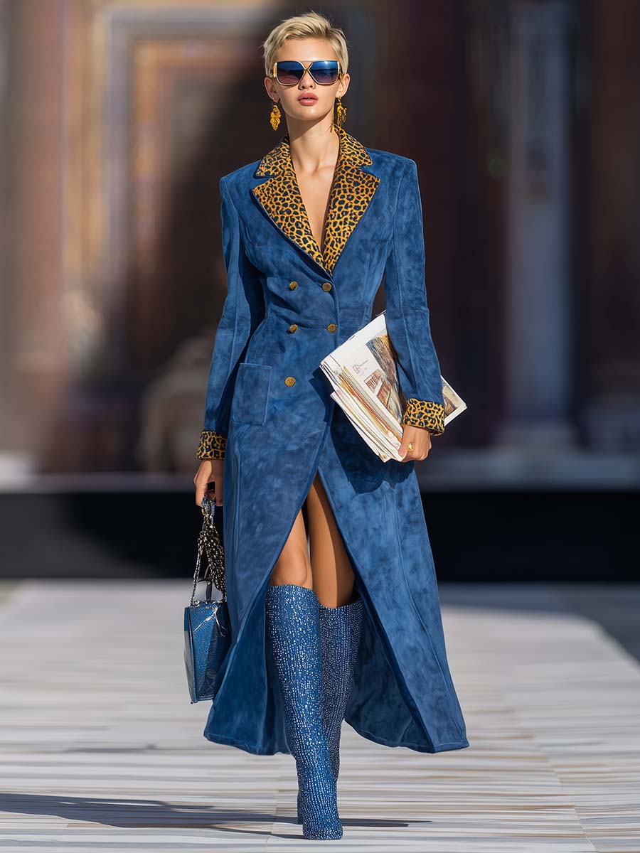 Retro Personality Fashion Brown Leopard Print Notch Lapel Double-breasted Royal Blue Faux Suede Coat