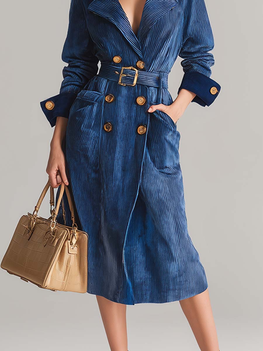 Fashion Retro Blue Corduroy Long-sleeved Tie Mid-length Trench Coat