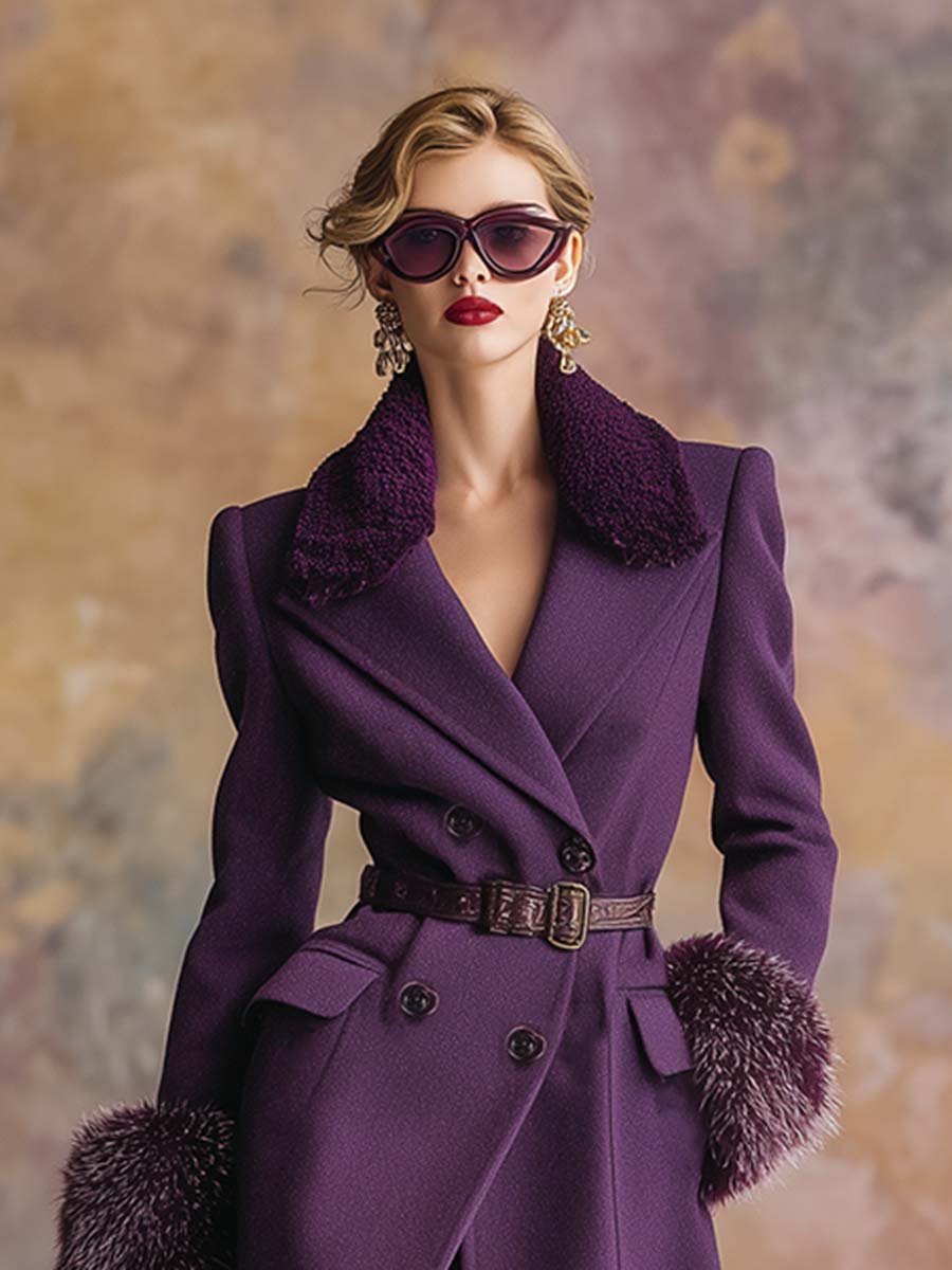Vintage Purple Fur Collar Woolen Coat With Fur Collar And Belt