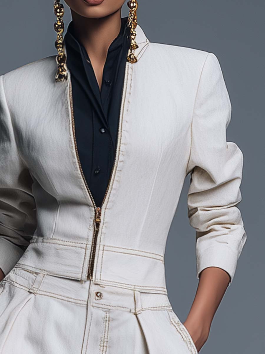 Simple And Versatile Stand-up Collar Front Zipper White Denim Short Jacket