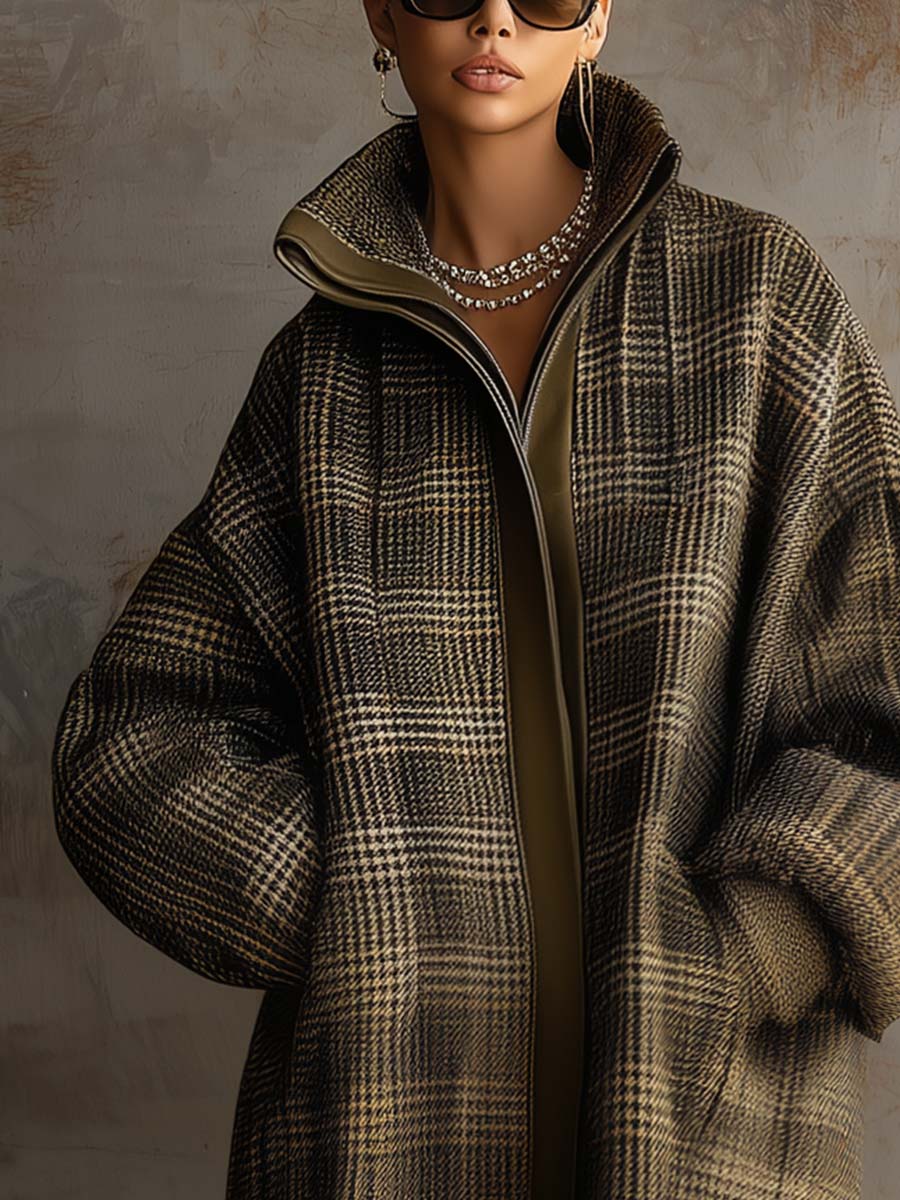 Retro Versatile Loose Lapel Front Zipper Leather Trim Olive Green Plaid Wool Coat
