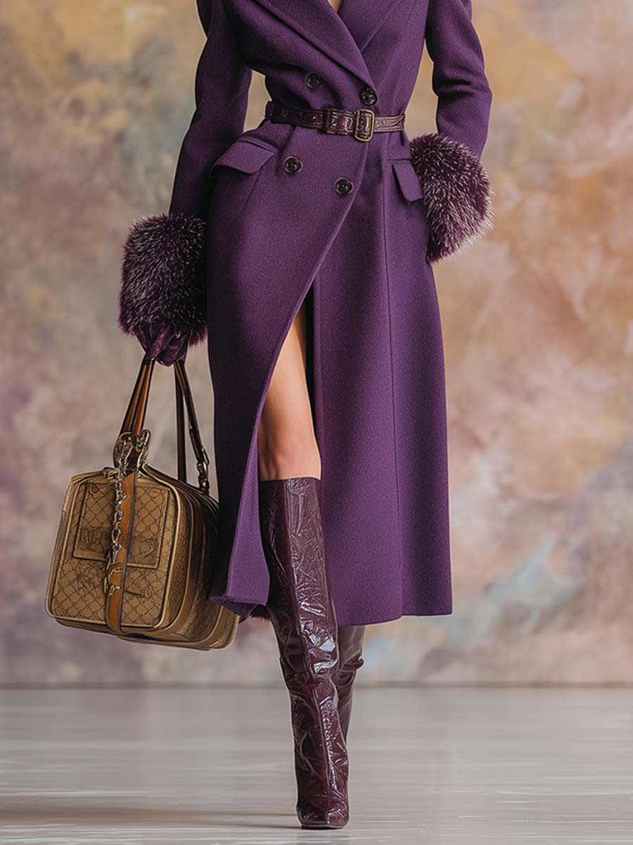 Vintage Purple Fur Collar Woolen Coat With Fur Collar And Belt