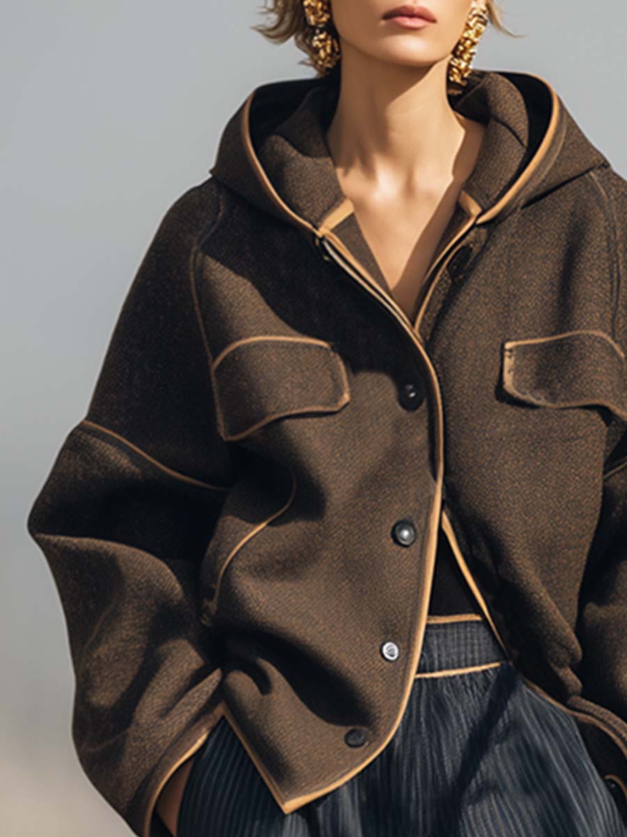 Retro Street Hooded Beige Trim Brown Woolen Loose Jacket