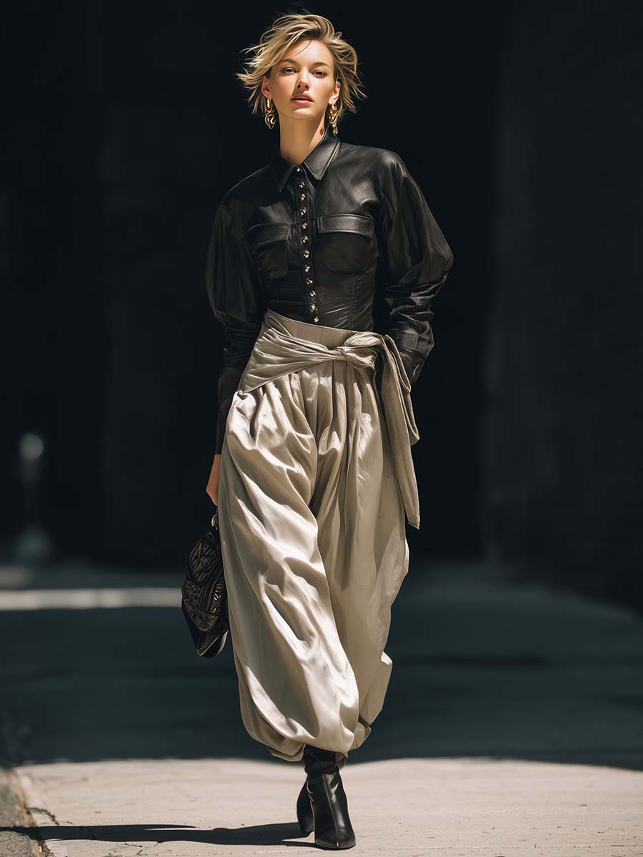 Casual Fashion Street Waist Tie Moonlight White Super Loose Pants