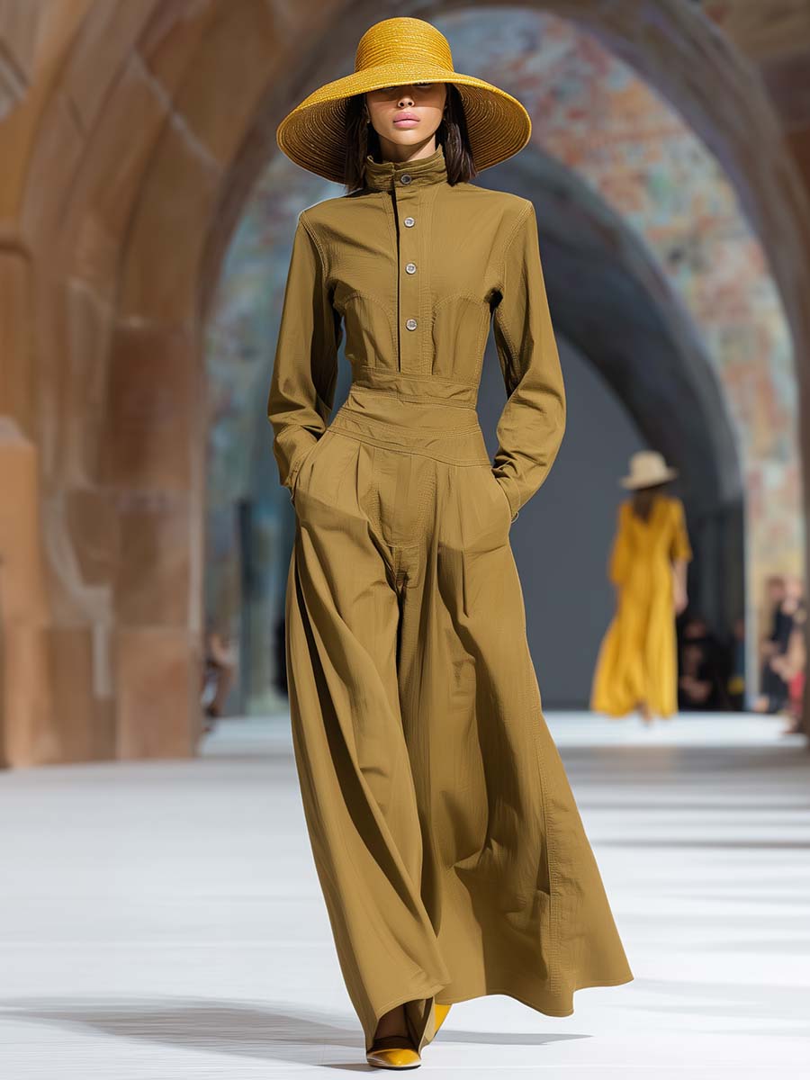 Retro Temperament Half Turtleneck Front Button Khaki Ultra-wide Leg Jumpsuit
