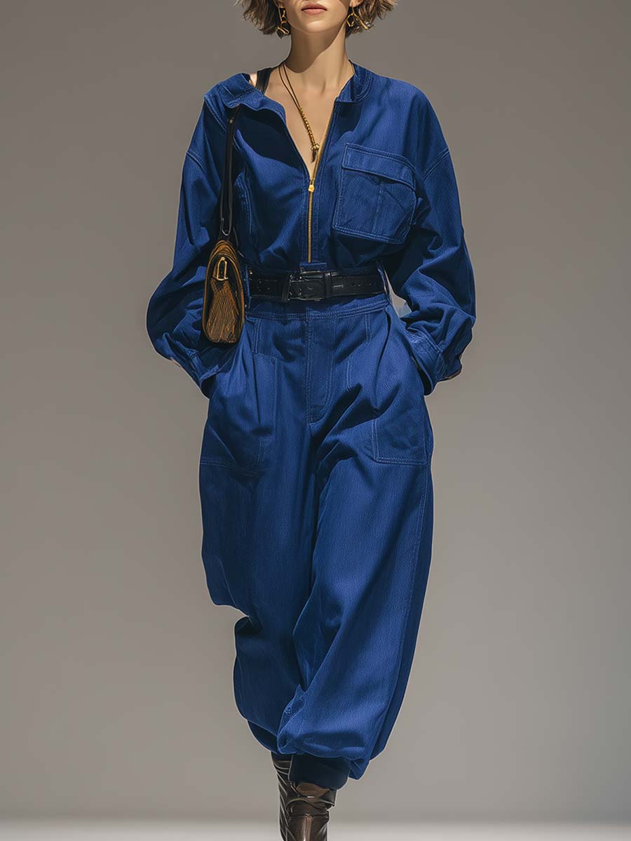 Exquisite Casual Urban Front Zipper Blue Cotton Loose Work Jumpsuit