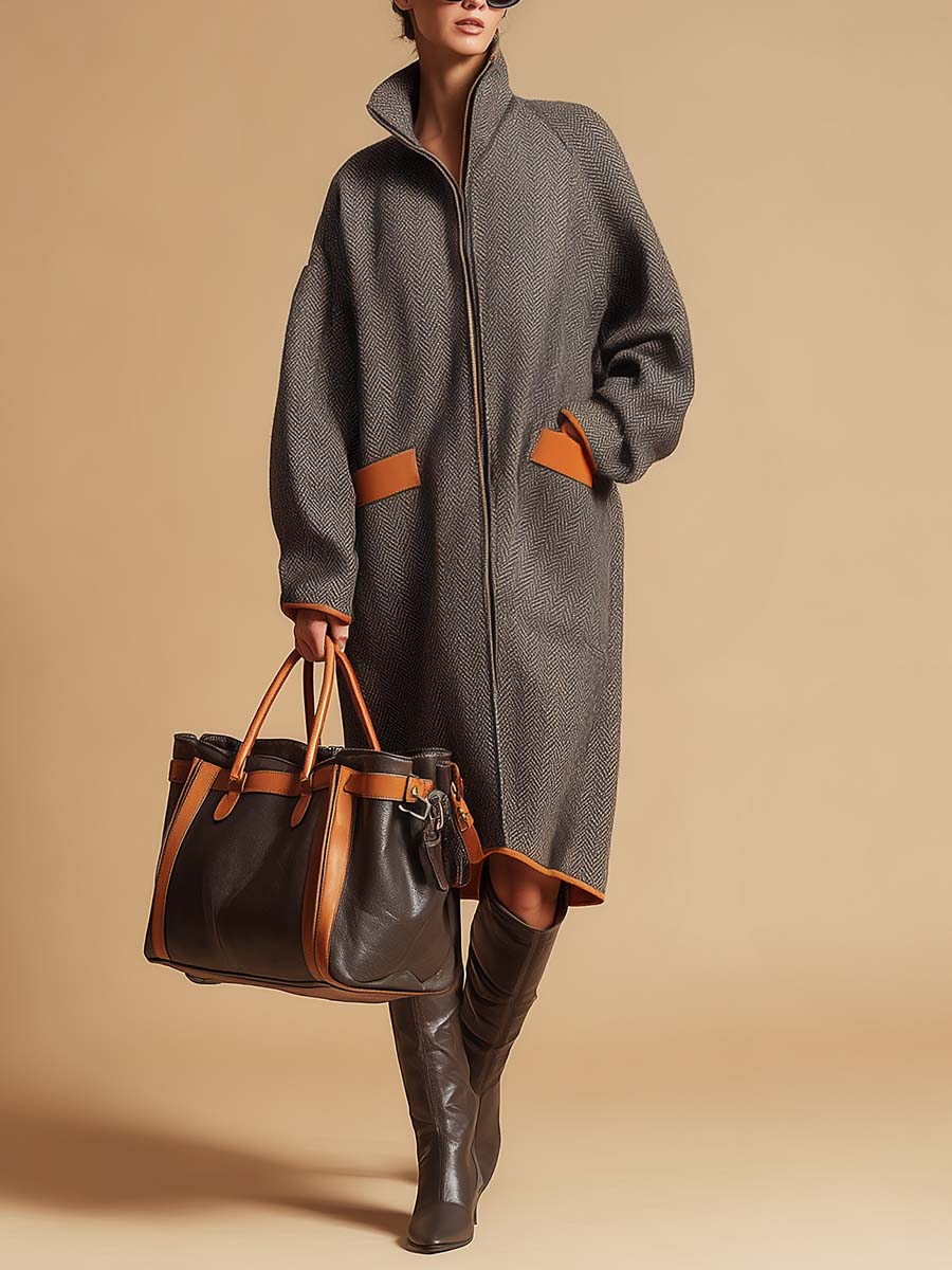 Retro Fashion Lapel Front Zipper Contrast Pockets Gray Herringbone Coat