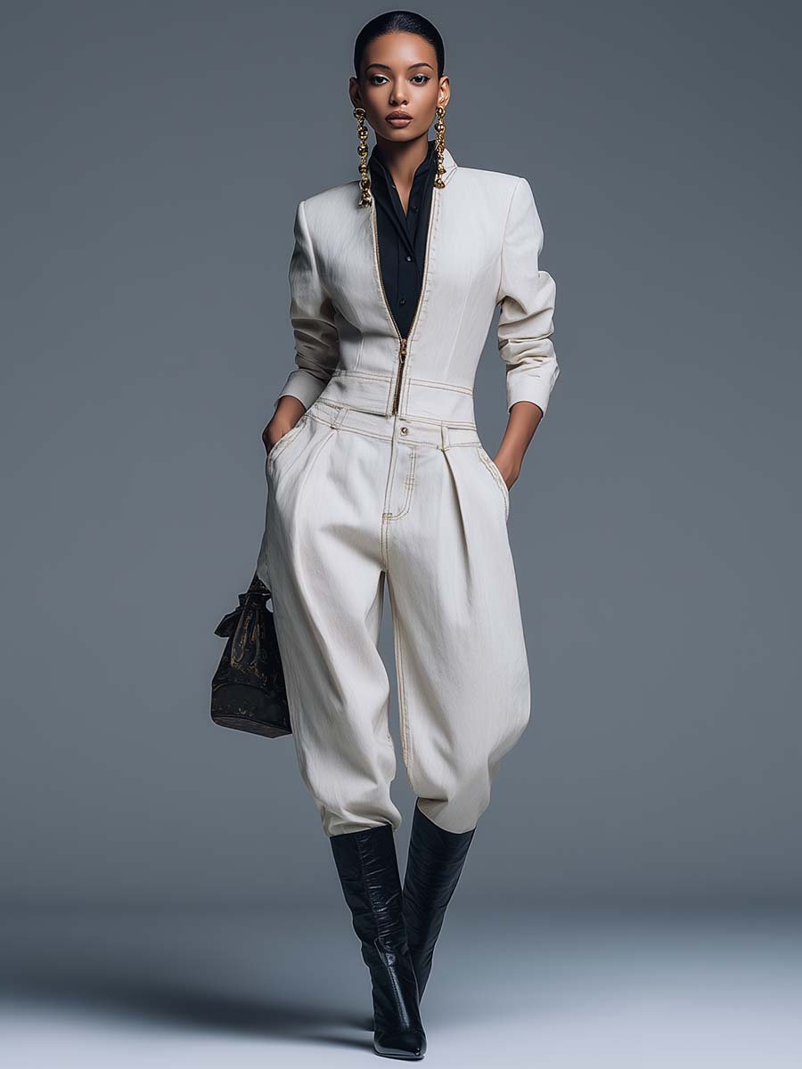 Classic Versatile Fashion Simple White Denim Tapered Pants