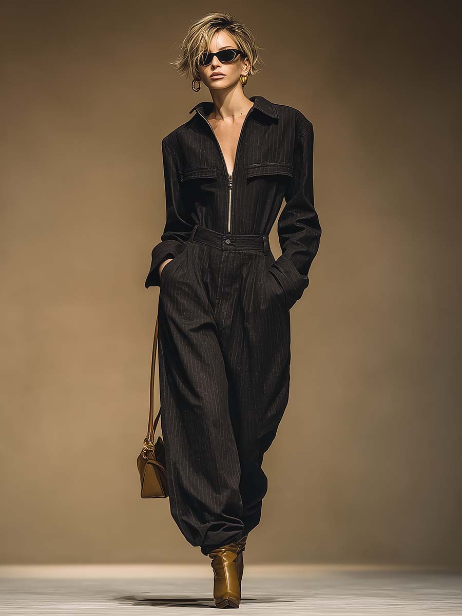 Handsome And Fashionable Urban Wide Shoulder Lapel Front Zipper Black Striped Jumpsuit