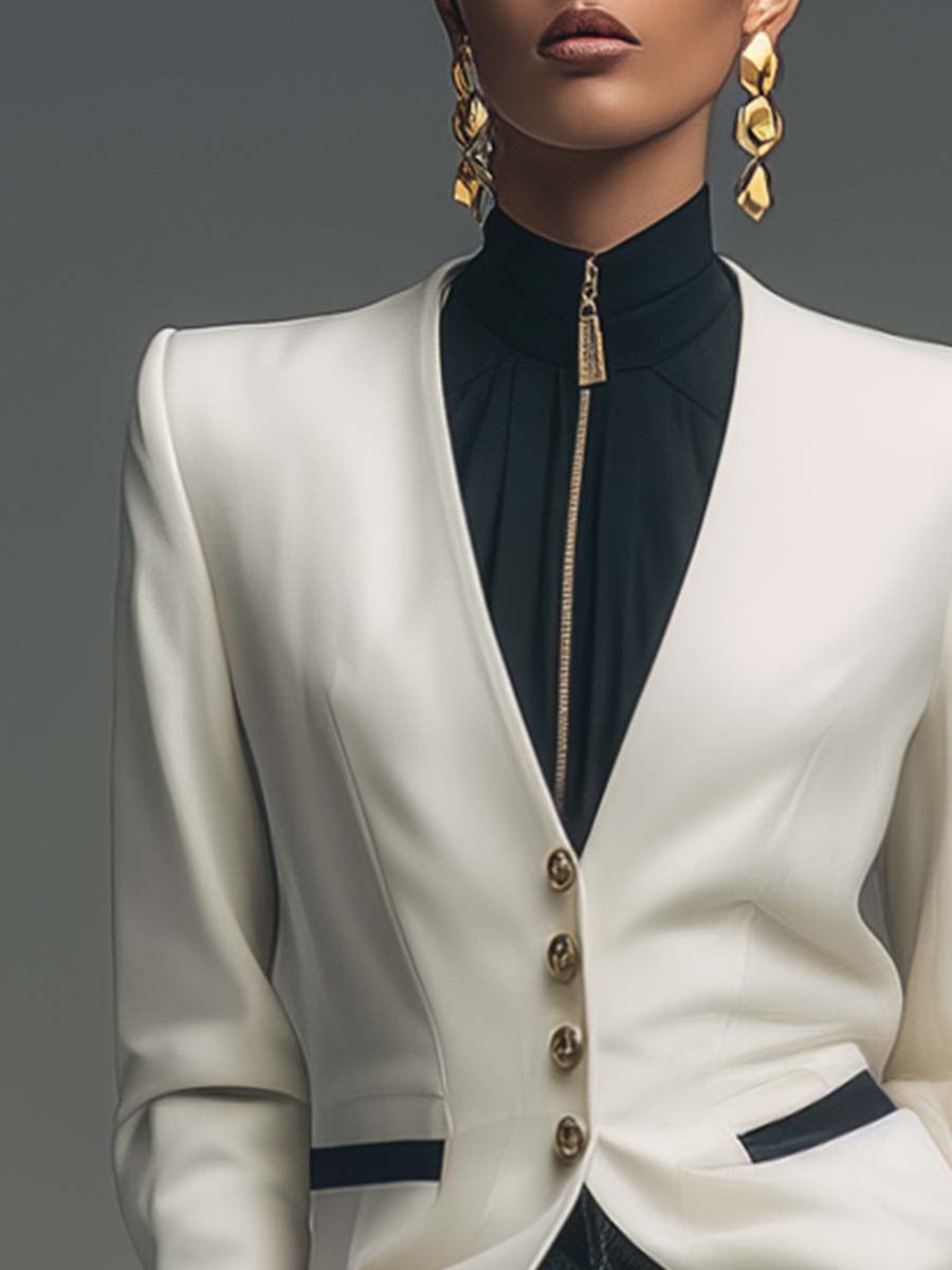 Exquisite And Versatile Urban Collarless Front Button White Satin X-shaped Blazer