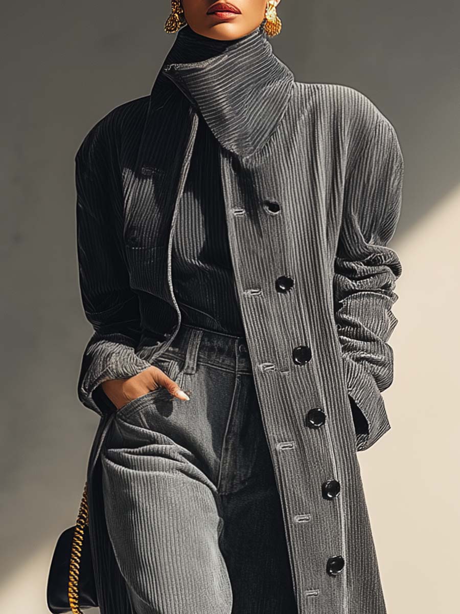 Temperament Street Urban Openable High Collar Front Button Gray Corduroy Coat
