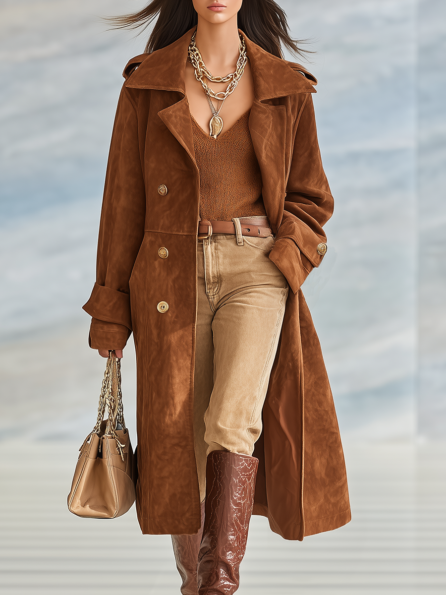 Vintage Outdoor Western Style Mid-Length Faux Suede Coat
