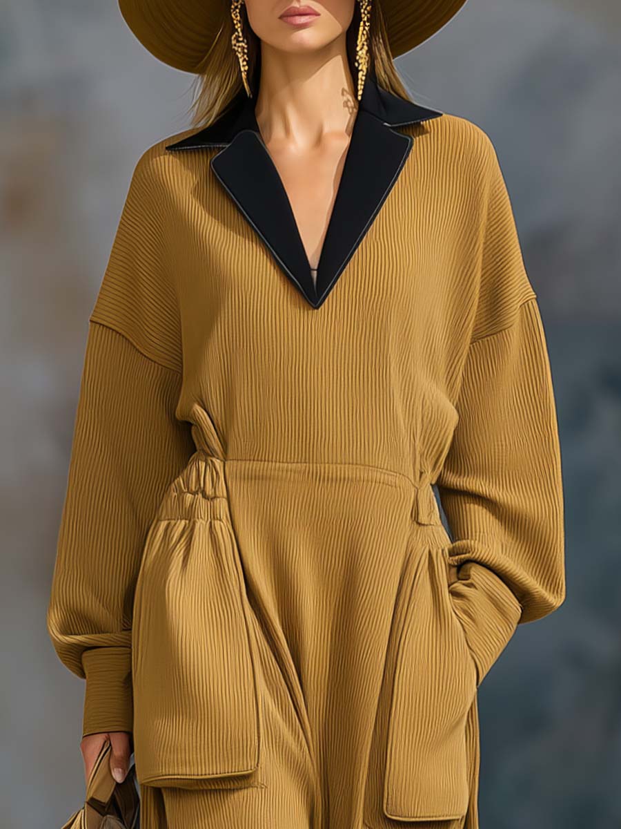 Temperament And Comfort Contrast Color V-neck Large Pocket Ginger Yellow Knitted Loose Jumpsuit