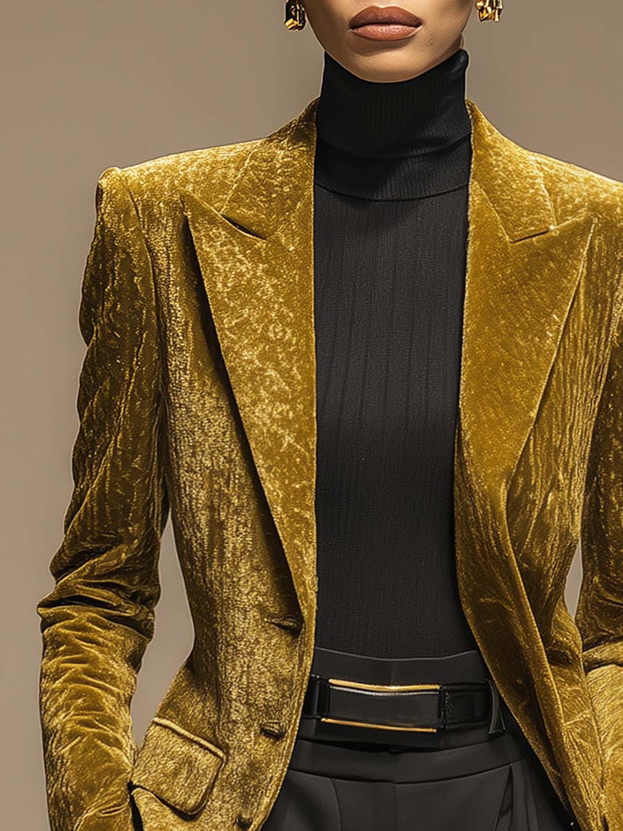 Temperament Fashion Peaked Lapel Single-breasted 3-button Small X-shaped Gold Velvet Blazer