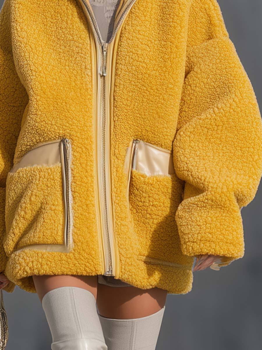 Urban Fashion Street Style Lapel Front Zipper Leather Pocket Goose Yellow Polar Fleece Coat