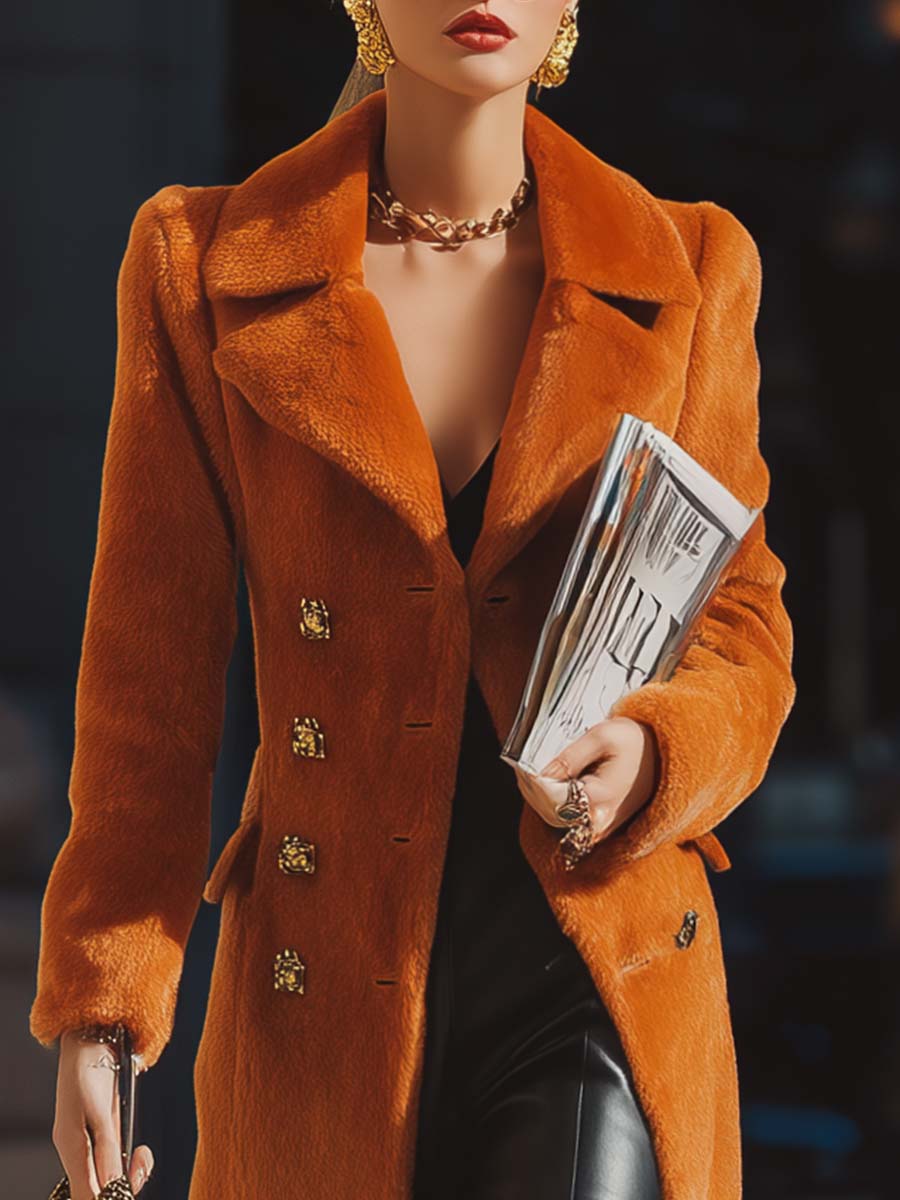 Retro Exquisite Street Style Large Lapel Double-breasted Metal Button Orange Faux Fur Coat