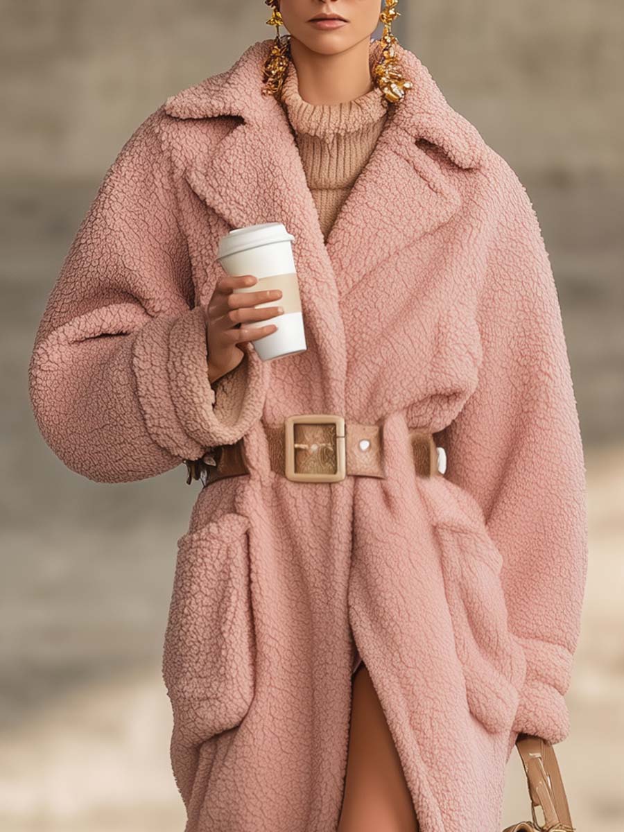 Temperamental And Fashionable Urban Large Lapel Pocket Pink Polar Fleece Coat