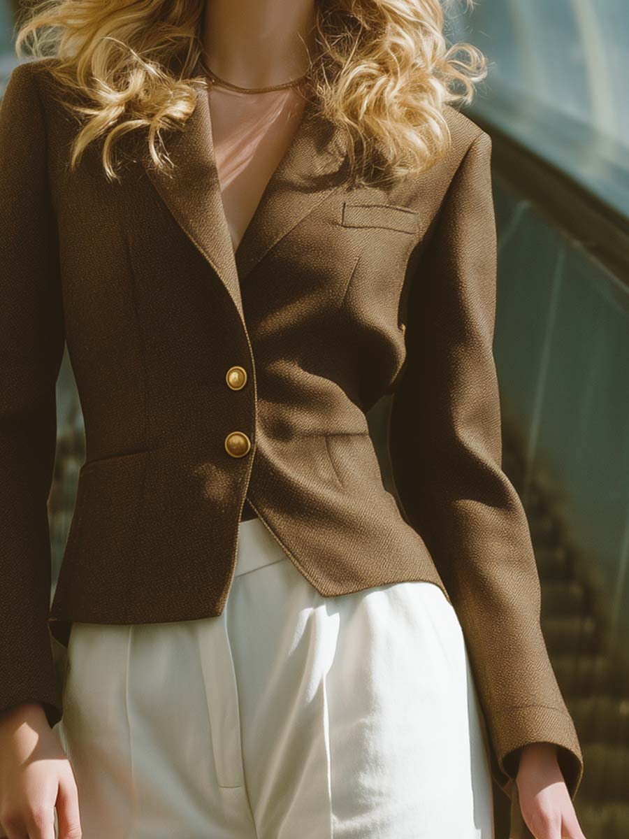 Urban Retro Exquisite Flat Lapel Single-breasted Two-button Brown Imitation Wool Short Blazer