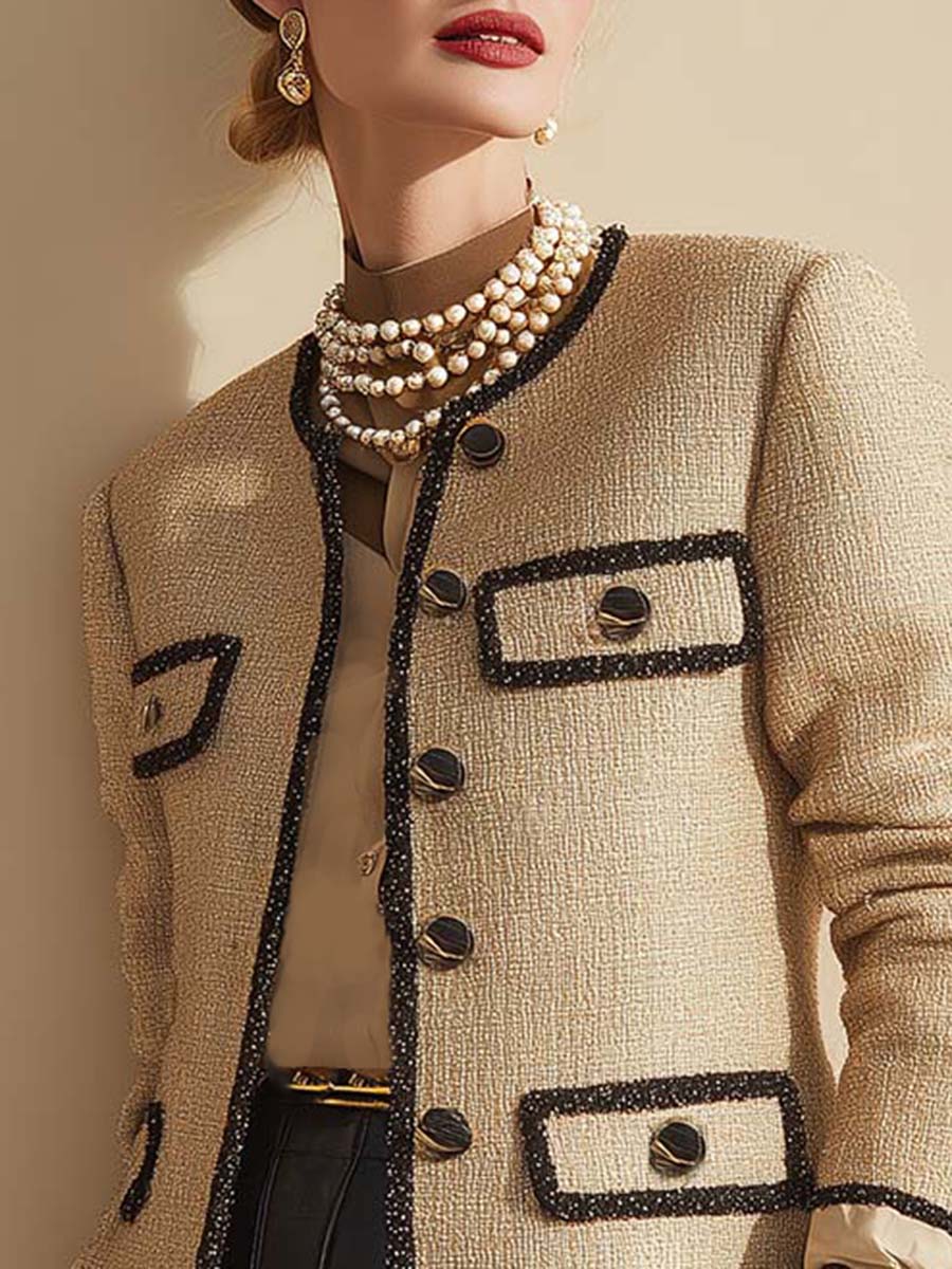 Vintage Fashion Beige Tweed Button Blazers