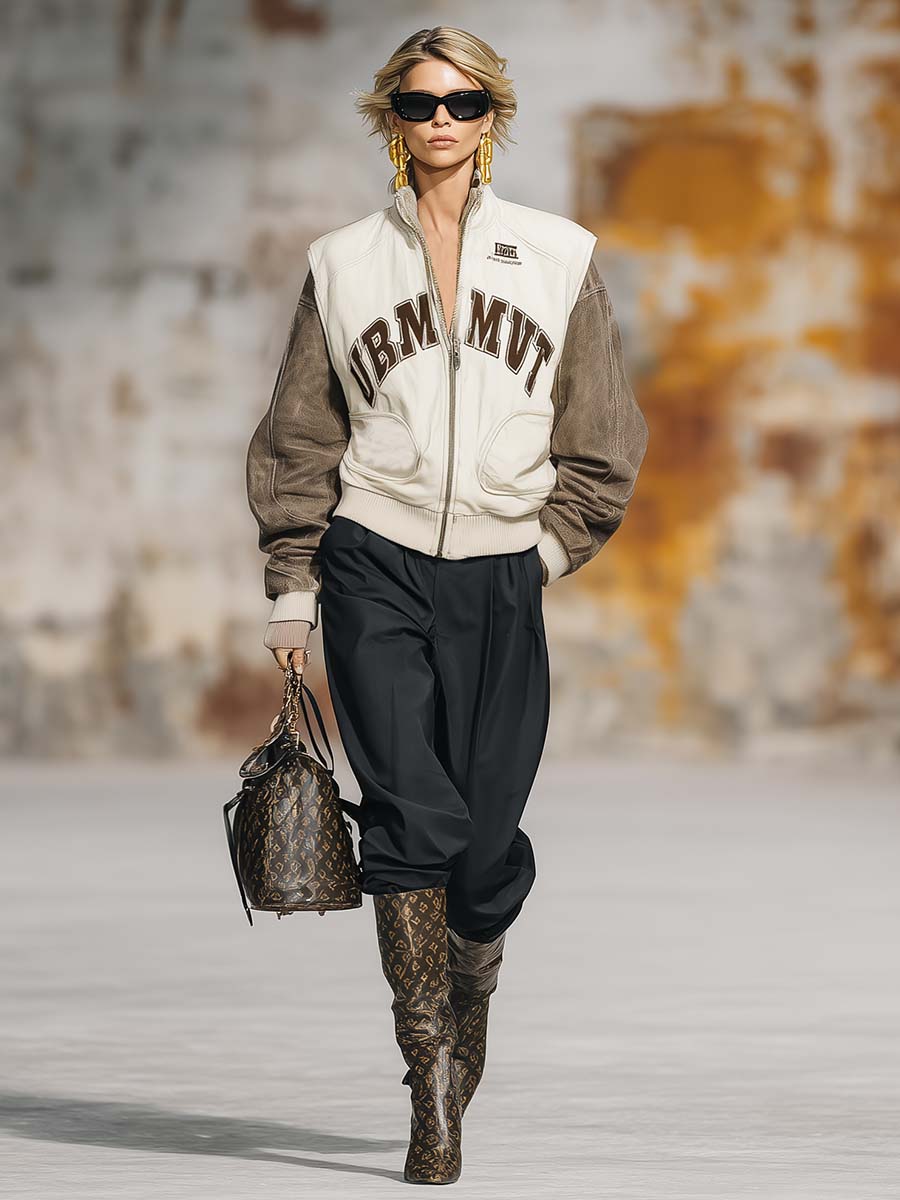 Retro Fashion Sports Lapel Front Zipper Contrast Sleeves Beige Baseball Jacket
