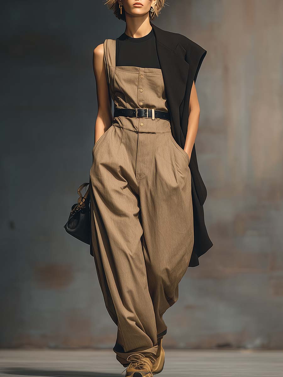 Temperament Versatile Urban Brown Square Collar Front Buckle Belt Jumpsuit