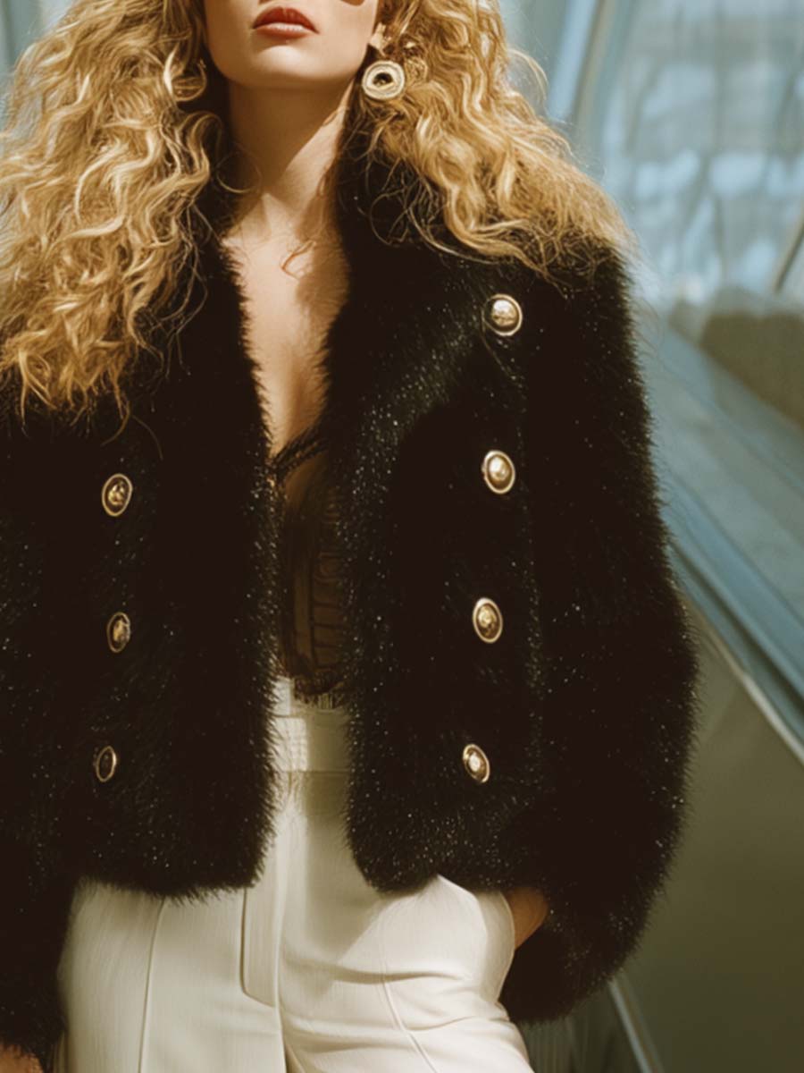 Urban Retro Lapel Metal Front Button Black Faux Fur Short Jacket