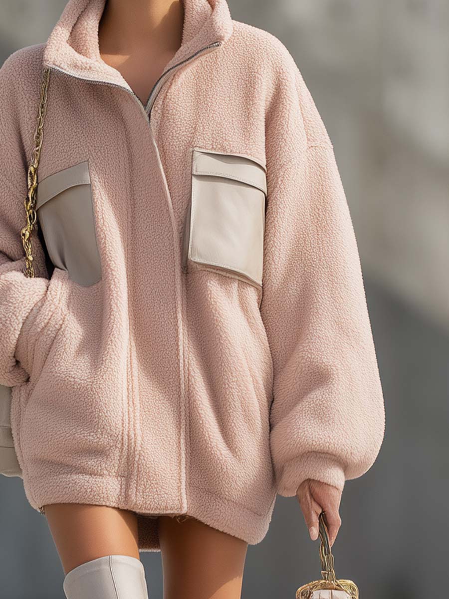 Simple Urban Versatile Lapel Front Zipper Leather Pocket Light Pink Polar Fleece Short Coat