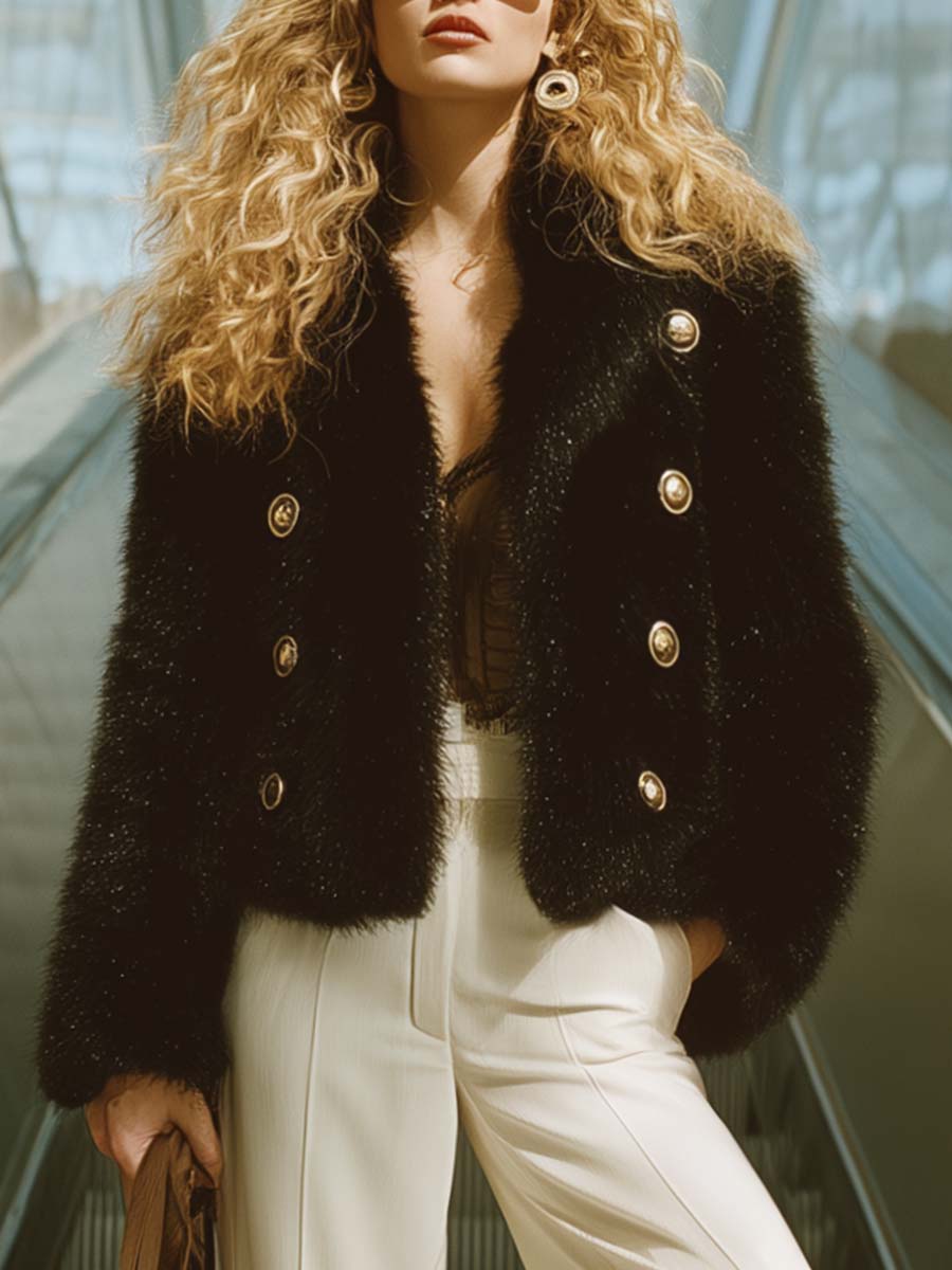 Urban Retro Lapel Metal Front Button Black Faux Fur Short Jacket