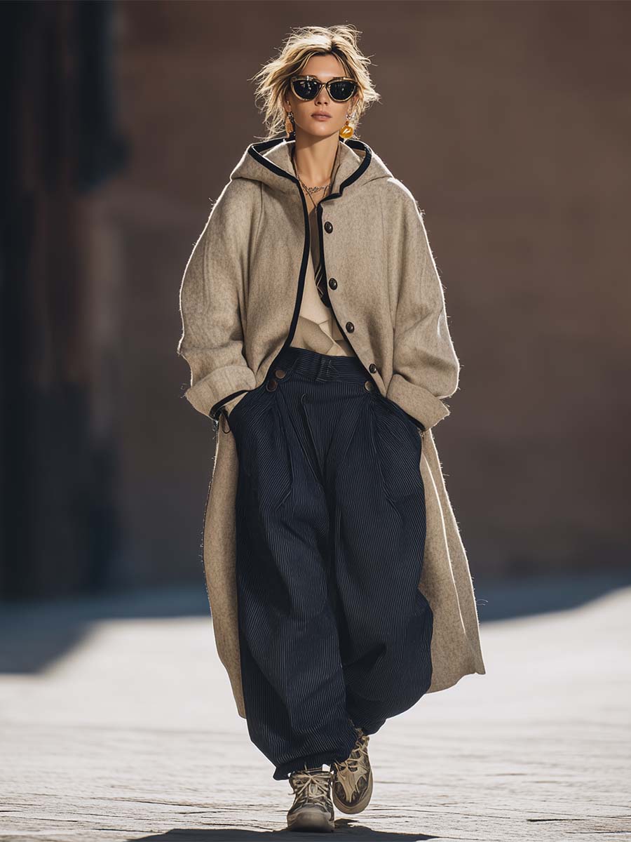 Retro Versatile Street Hooded Black Trim Beige Wool Loose Coat
