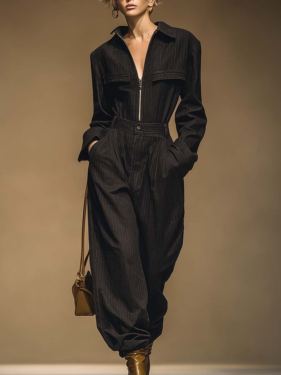 Handsome And Fashionable Urban Wide Shoulder Lapel Front Zipper Black Striped Jumpsuit