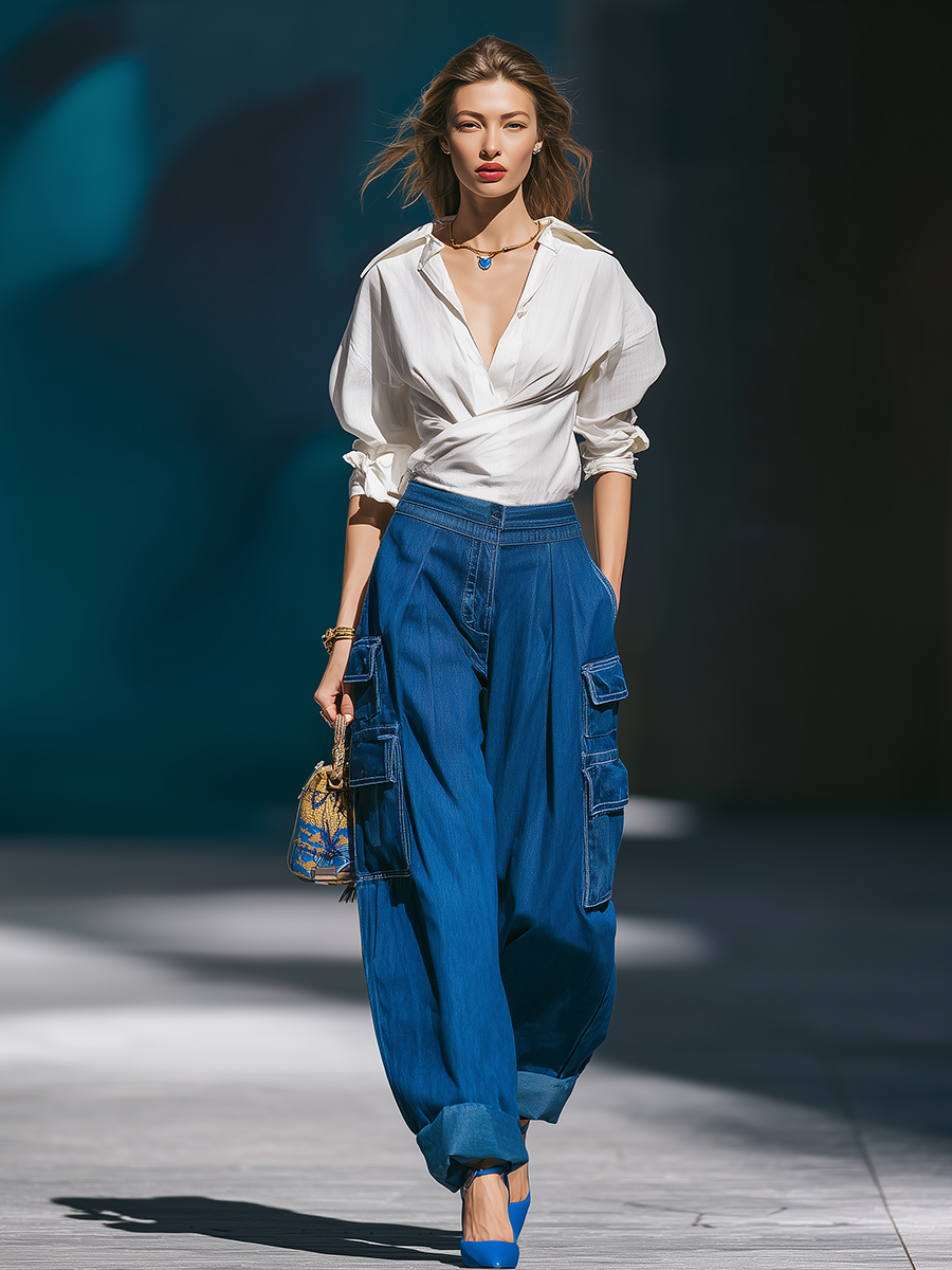 Retro Street Style Multi-Pocket Denim Cargo Pants