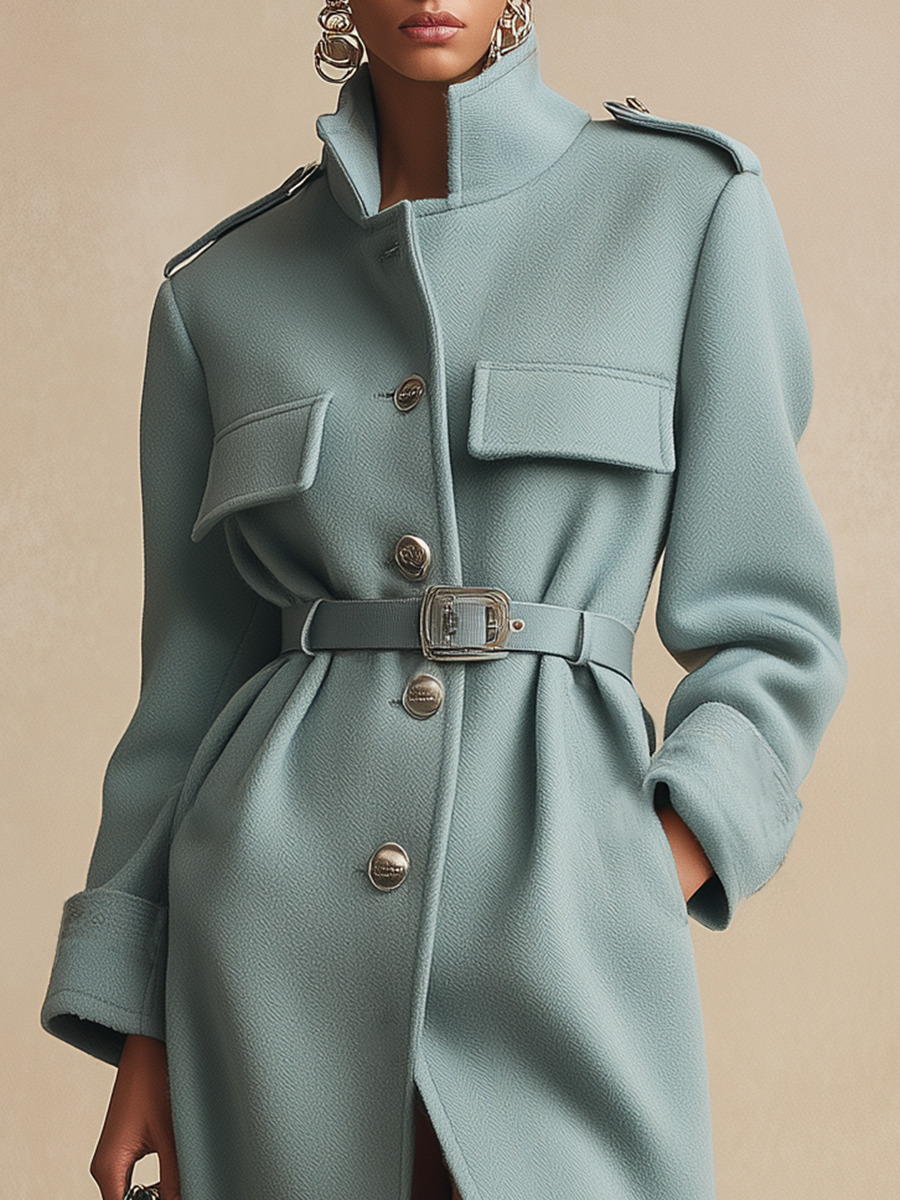 Elegant Retro Stand Collar Multi-pocket Woolen Coat