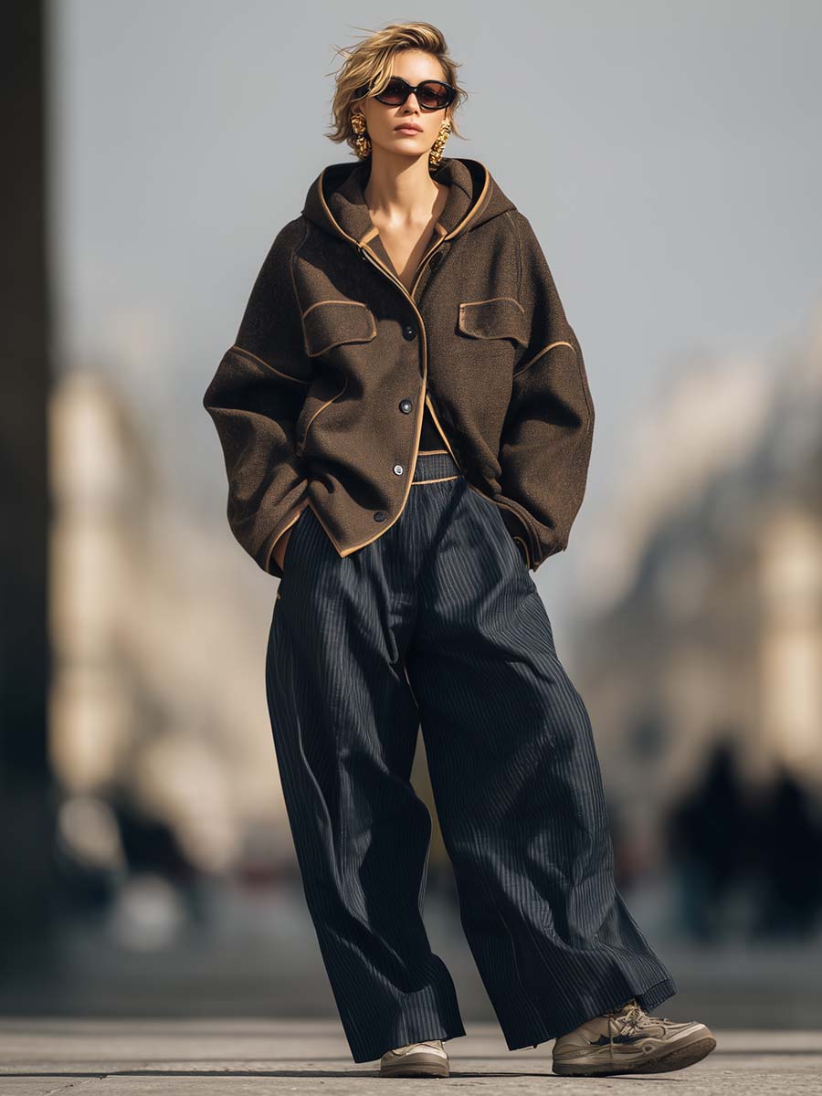 Retro Street Hooded Beige Trim Brown Woolen Loose Jacket