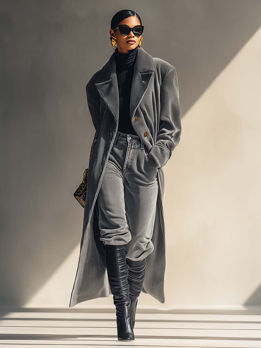 Urban And Fashionable Temperament Large Lapel Front Button Gray Corduroy Coat