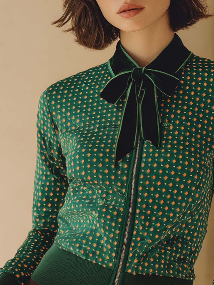 Retro Fashion Sports Lapel Bow Tie Front Zipper Green Matte Velvet Polka Dot Jacket