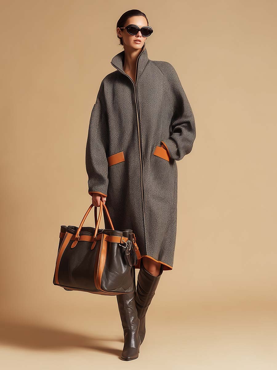 Retro Fashion Lapel Front Zipper Contrast Pockets Gray Herringbone Coat