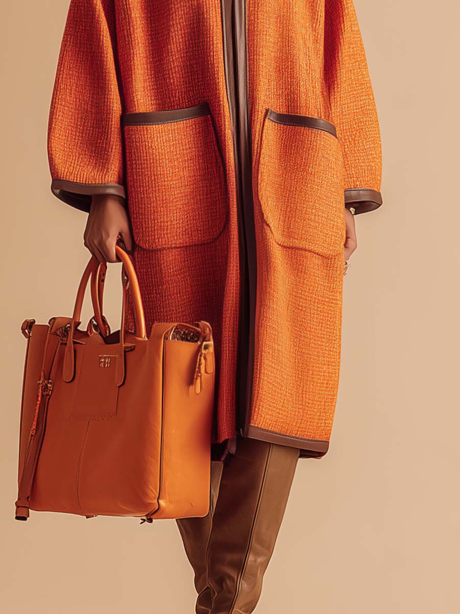 Temperamental And Fashionable Lapel Front Zipper Brown Leather Trim Orange Straight Coat