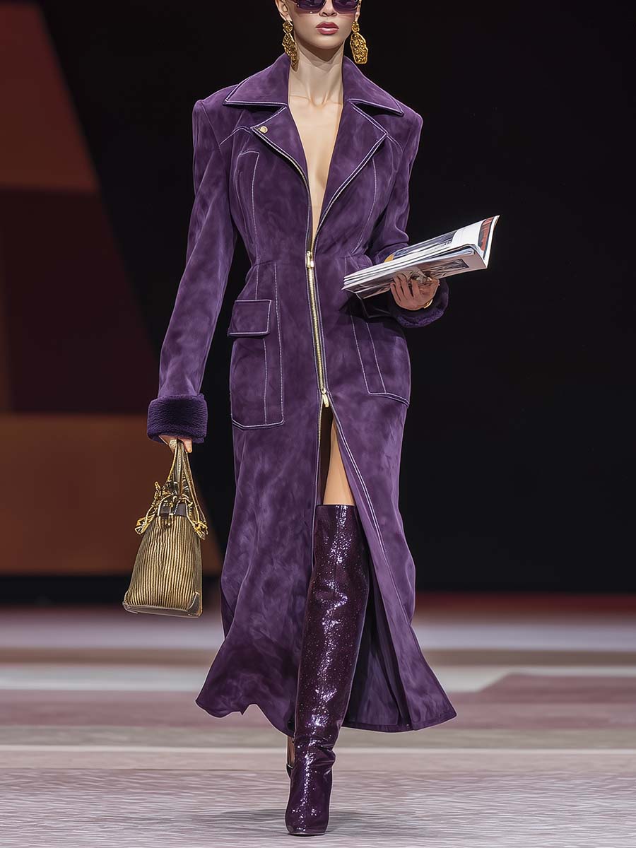 Retro Fashion Exquisite Street Style Large Lapel Front Zipper Dark Purple Faux Suede Slit Coat