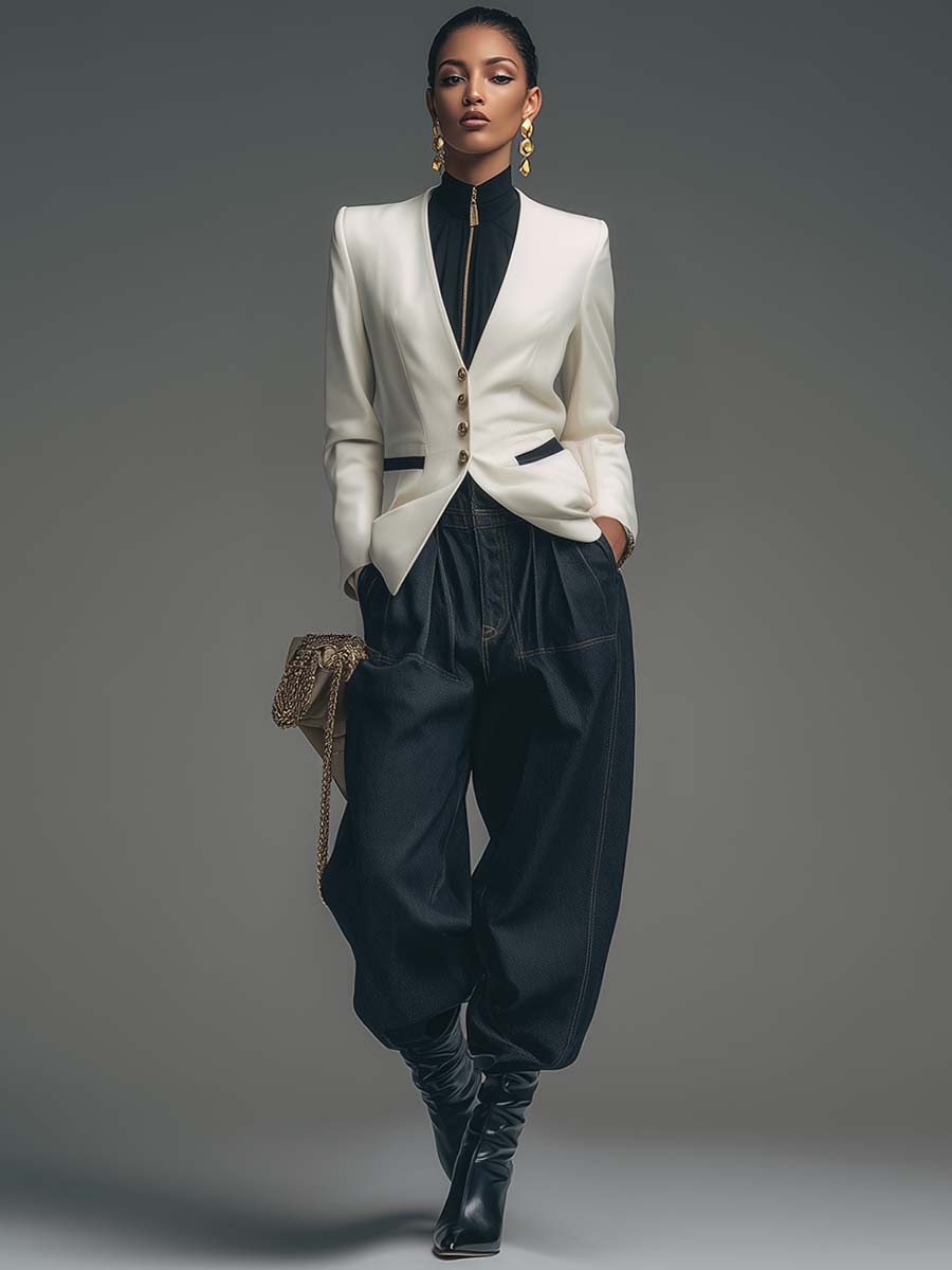 Exquisite And Versatile Urban Collarless Front Button White Satin X-shaped Blazer