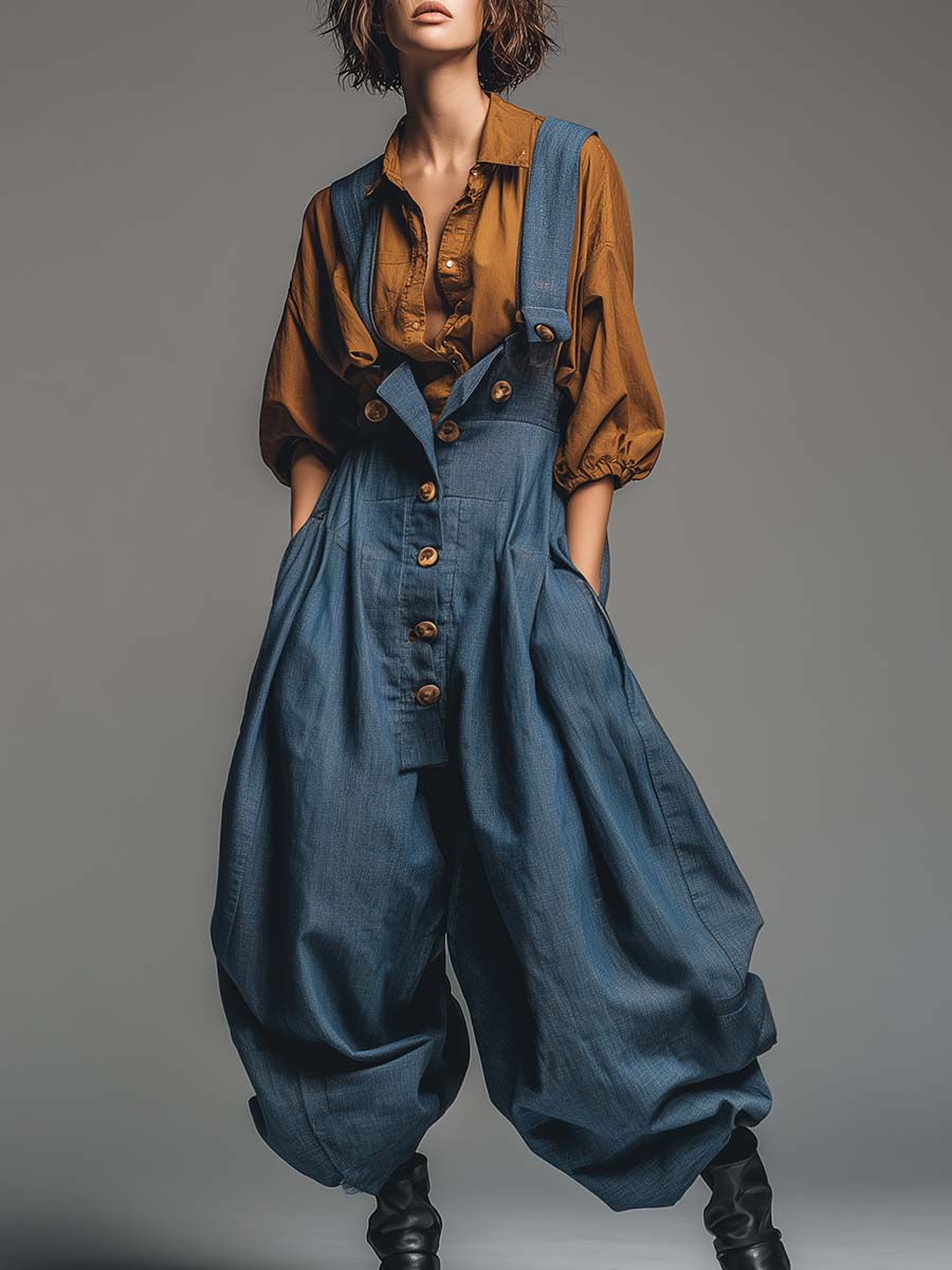 Vintage Casual Fashion Super Loose Front Metal Buckle Blue Cotton And Linen Overalls
